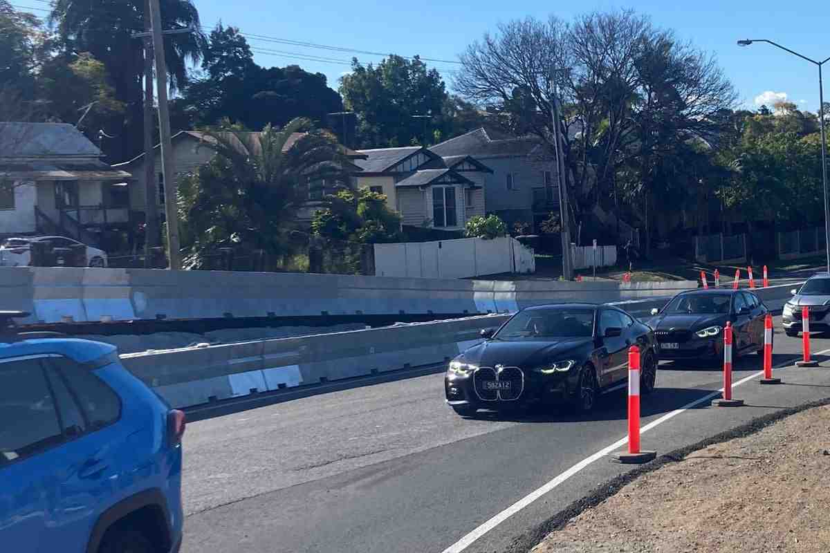 steel road barriers guiding traffic at the Indooroopilly Roundabout Upgrade in Brisbane